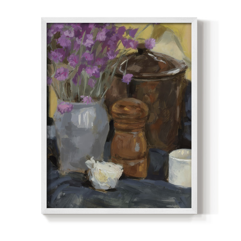 Nature morte avec fleurs séchées I, reproduction encadrée - bois massif, H 15 po x l 12 po, Blanc