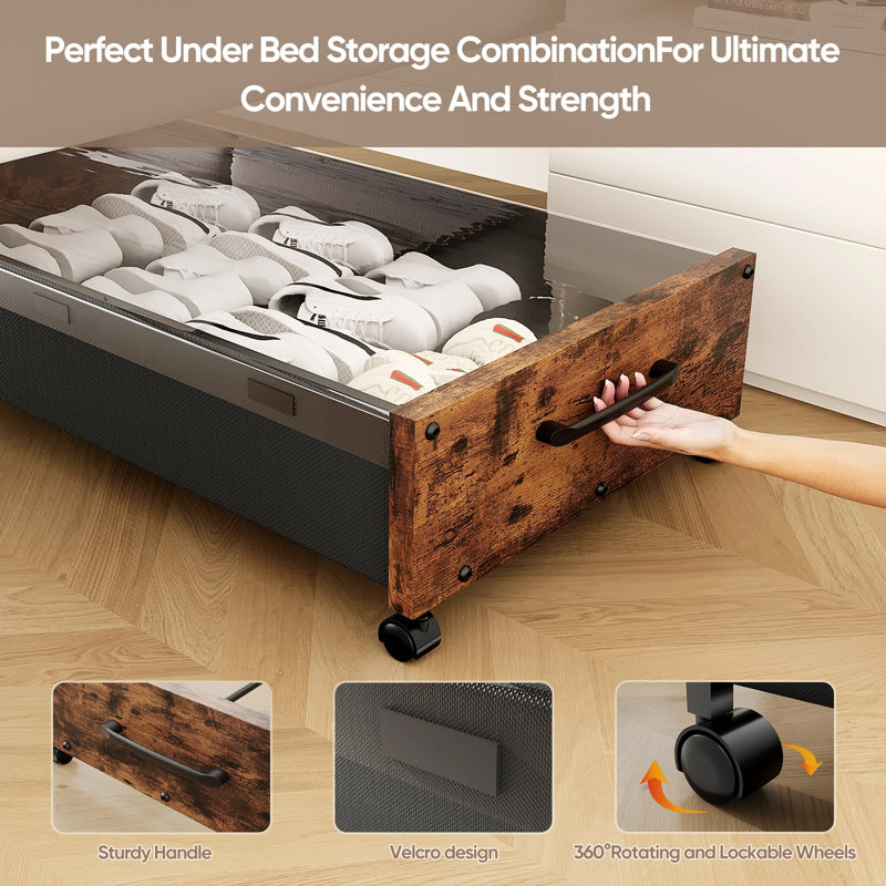 Under Bed Storage With Wheels, Under The Bed Storage Drawers With Remove Window, Extra Large Rolling Under Bed Storage Metal Drawer(Walnut Brown-2Pack)