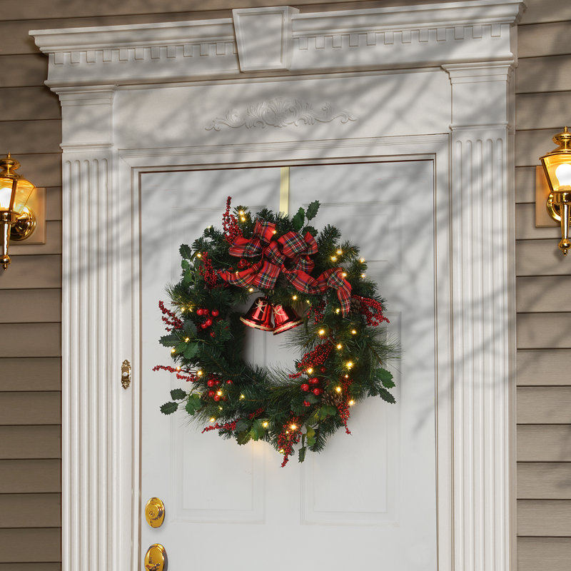 30" Plaid Bow Wreath with Battery Operated LED Lights