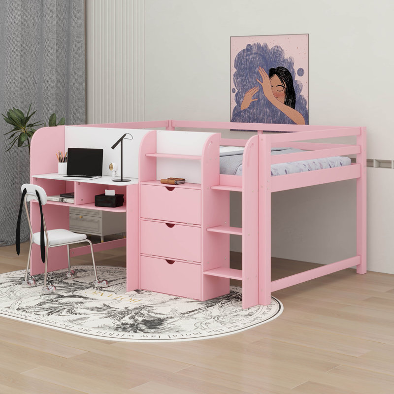 Lit mezzanine double pleine grandeur avec bureau et rangement, armoires rabattables, tablettes ouvertes et tableau blanc