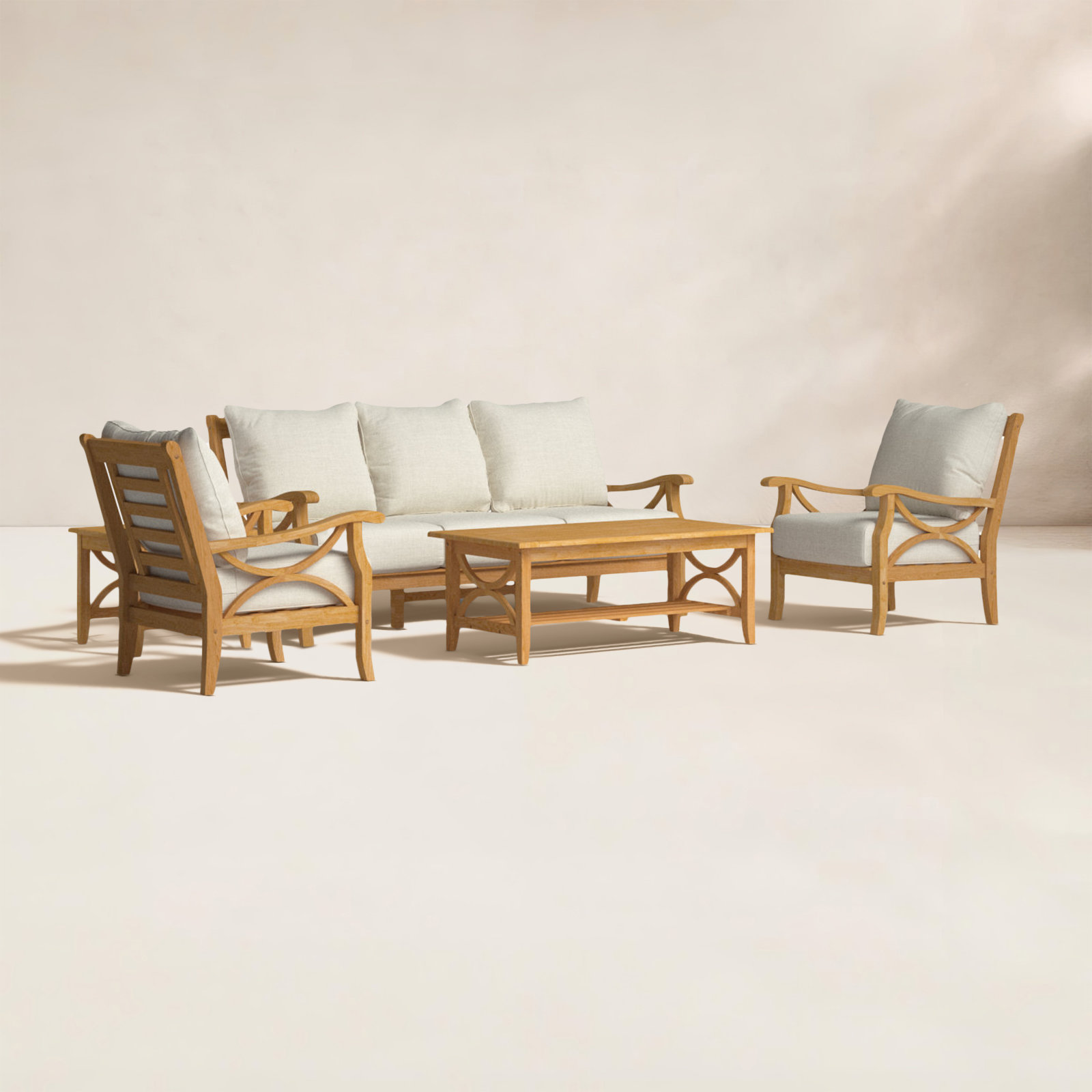 Brunswick 5-Person Teak Patio Seating Group, Brown, Tan Performance Basketweave