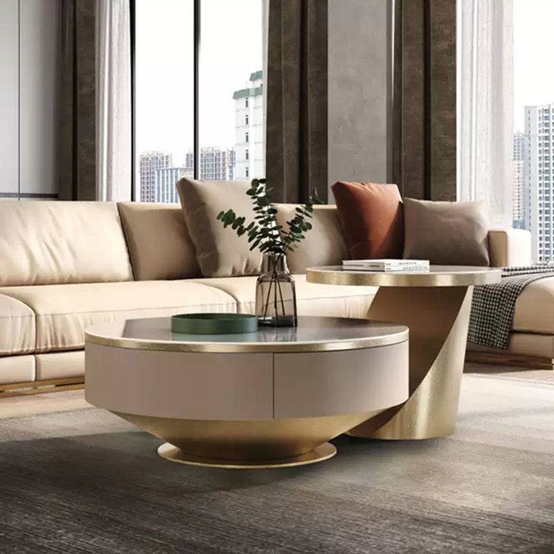 Table à thé en pierre frittée de style italien, H 13,7 po x L 31,5 po x l 31,5 po, Doré