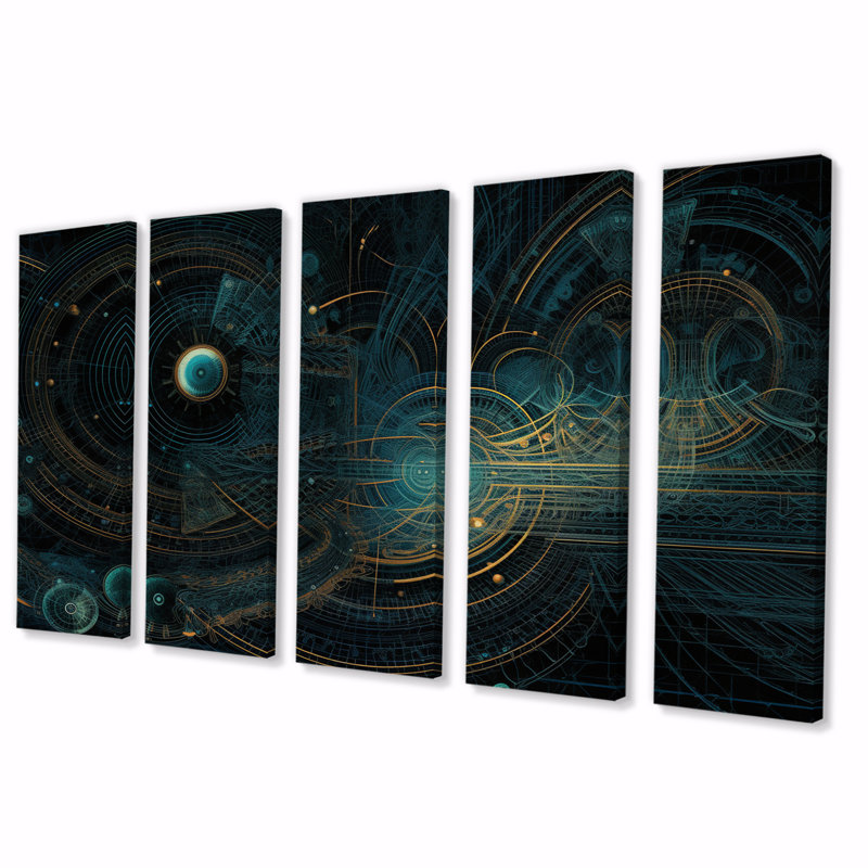 Turquoise Harmony Soundwaves Ocean Seascape I - Reproduction d'art abstrait formes abstraites - 5 panneaux égaux