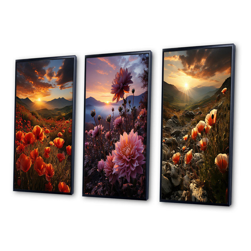 «Coral Wildflowers Fields Of Dreams», 3 pièces sur toile, Cadre blanc, H 40 po x l 60 po