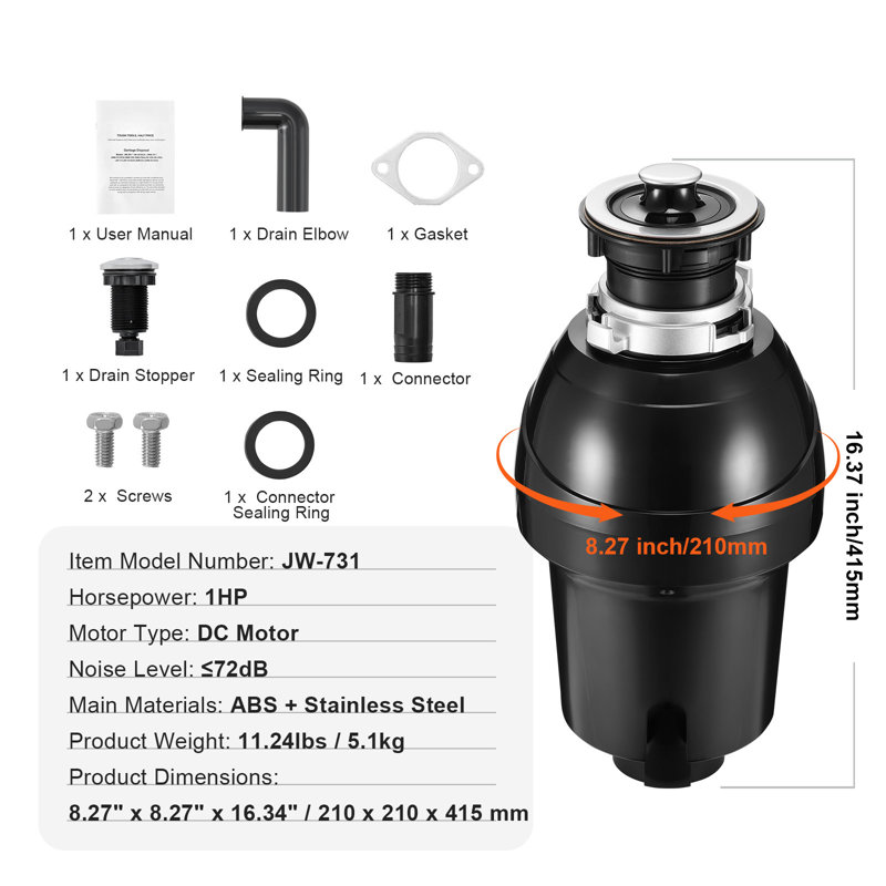 Broyeur à déchets, broyeur d'aliments continu 1HP 3270 RPM, système de broyage des déchets alimentaires avec réduction du bruit EZ Connect, cordon d'alimentation et garde-éclaboussures pour éviers de cuisine