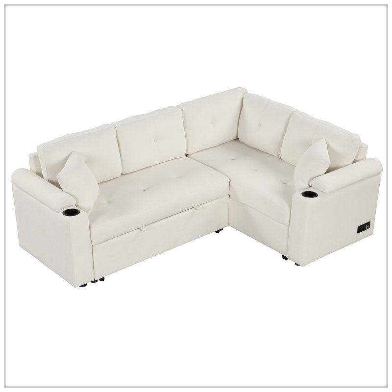 Canapé-lit escamotable en forme de L de 83 po avec roulettes, ports USB, prises de courant pour salon, beige