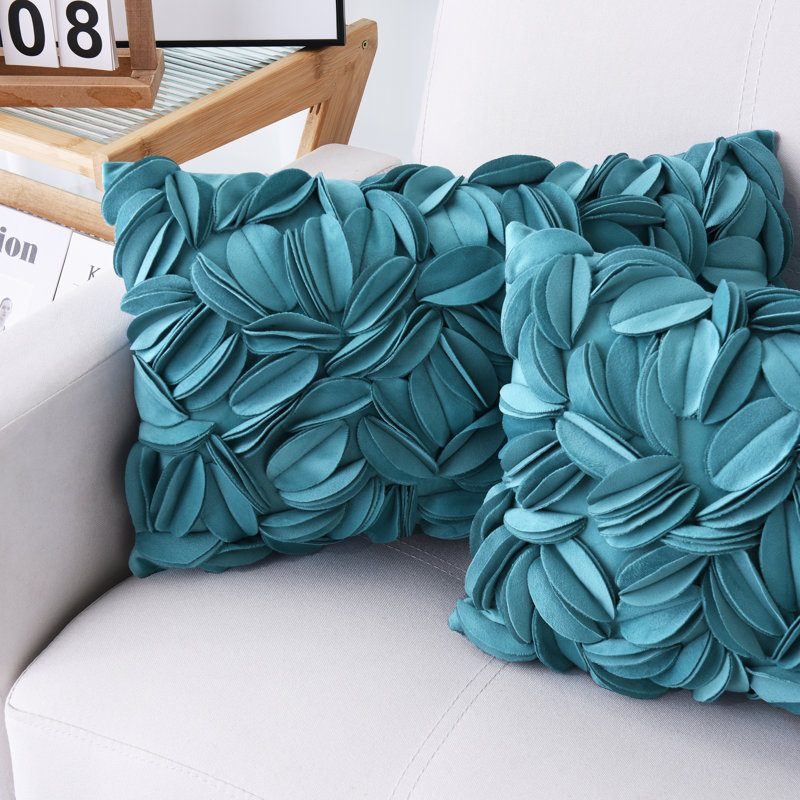 3D Floral Decorative Velvet Polyester Fiber Fill Indoor Throw Pillow Cover Set (Set Of 2), Rectangle 12"H x 18"W, Teal