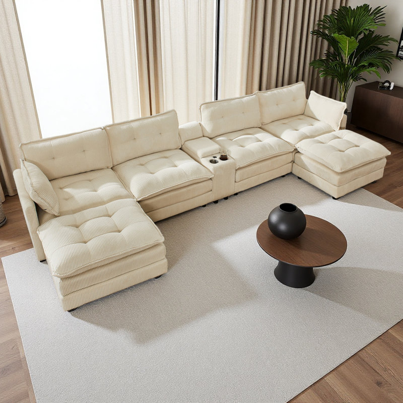 Canapé modulaire de 154 pouces avec repose-pieds en nuage avec repose-pieds modulaires en U pour le salon, canapé modulaire surdimensionné moderne en velours côtelé 6 places avec console USB centrale