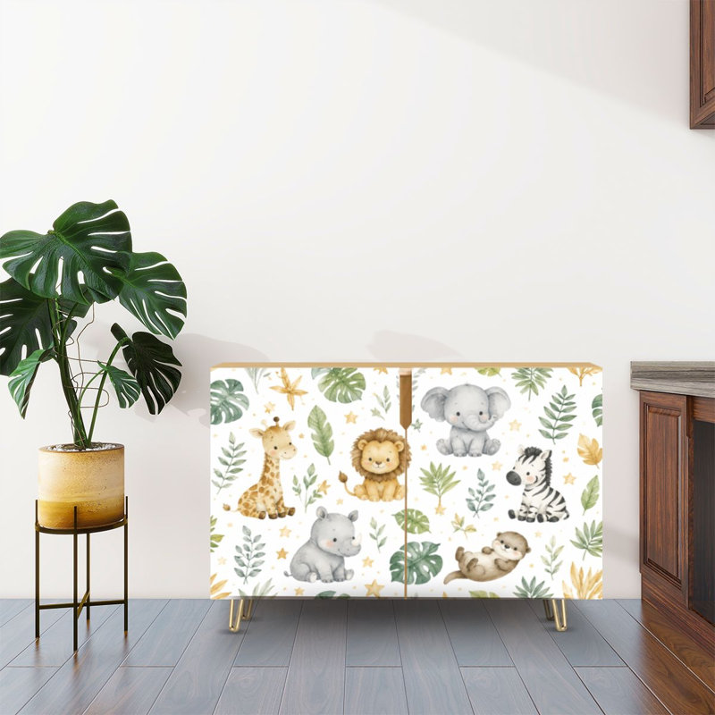 Buffet avec rangements dissimulés, 2 portes, motif animaux aquarelle, jungle printanière tropicale, meuble multifonctionnel pour salon, cuisine et coin café