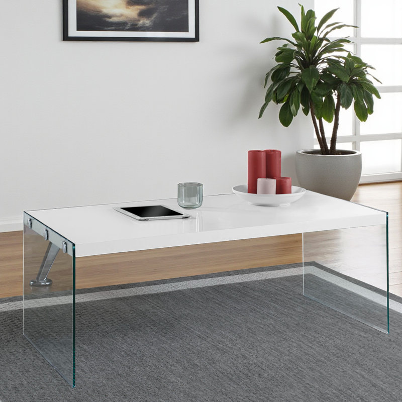 Table basse d'appoint en verre trempé au fini blanc brillant Hemi, H 16,14 po x l 43,7 po x P 21,8 po