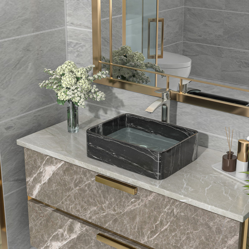 Beslend 14.5'' Black/White Marble Ceramic Rectangular Bathroom Sink
