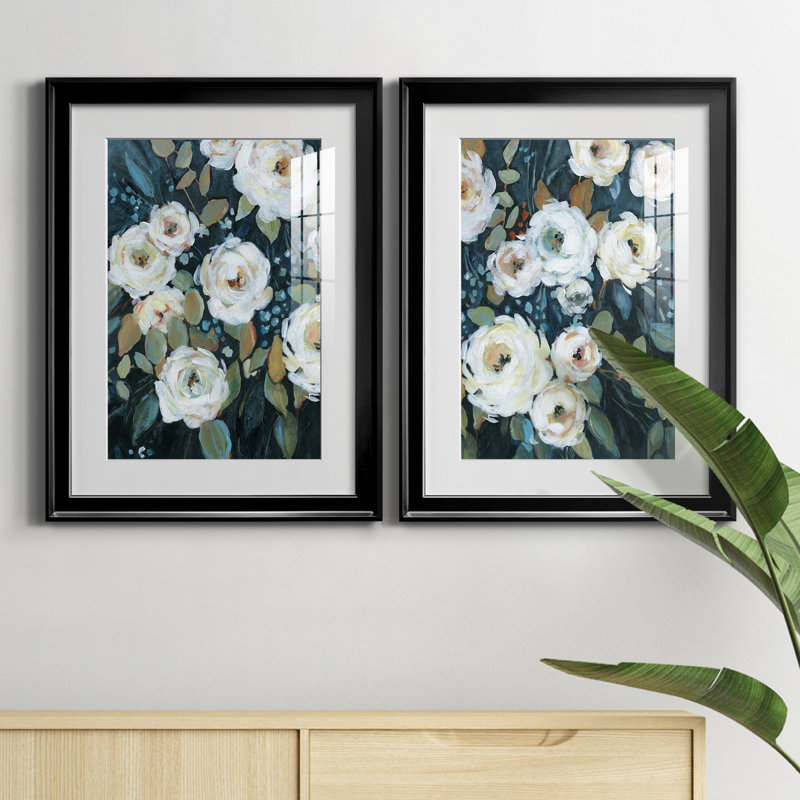 Moonlit Garden II - ensemble de 2 reproductions d'art, H 22,5 po x l 61 po x P 1,5 po, Papier encadré noir, Blanc