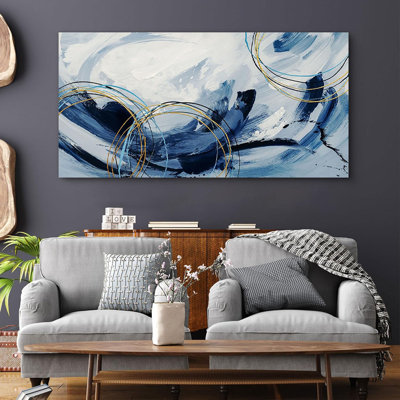 Canvas Wall Art For Living Room - Blue And White Abstract Picture Framed Artwork For Walls Bohemian Minimalism Prints Paintsings Wall Decor For Office Bedroom 48X24 Inches