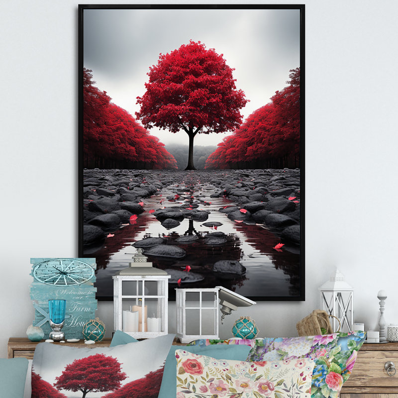 Rouge et gris forêt sérénité - art mural forêt, Cadre flottant noir, H 20 po x l 12 po x P 1 po