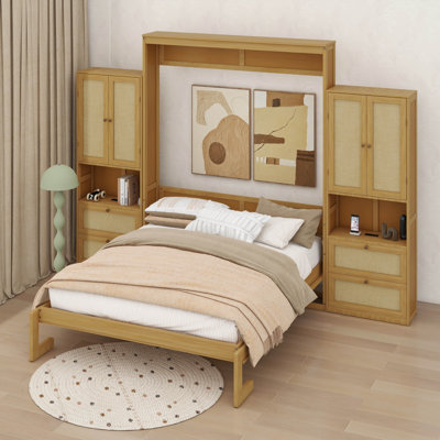 Queen Size Murphy Bed With 2 Side Cabinets, Farmhouse Rattan Murphy Cabinet Bed