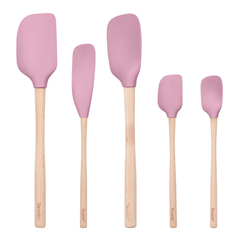 Tovolo Flex-Core Silicone Spatula Set of 5 with Natural Wood Handles for Cooking and Baking, Pink Sorbet
