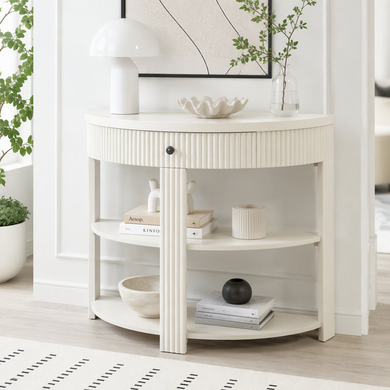 Console cannelée demi-lune avec tiroir et tablettes, Crème