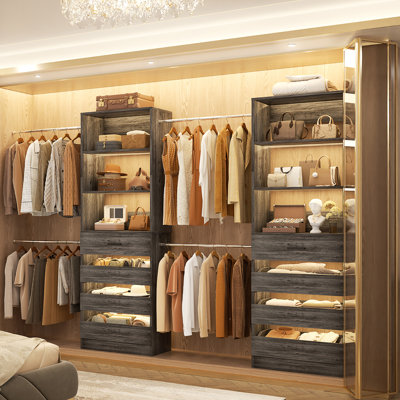 Walk-In 95.4”To 133.6” Closet System With 8 Wooden Drawers And 4 Hanging Rods