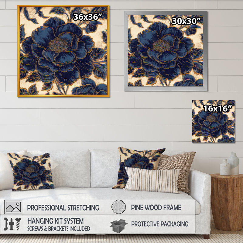 Pivoine bleue et bleue - impression, H 16 po x l 16 po x P 1 po, Toile tendue
