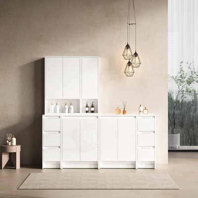 Meuble-lavabo autoportant 72 po avec 4 armoires de rangement et 2 armoires murales, tiroirs à fermeture douce, contreplaqué blanc brillant pour améliorer la salle de bain