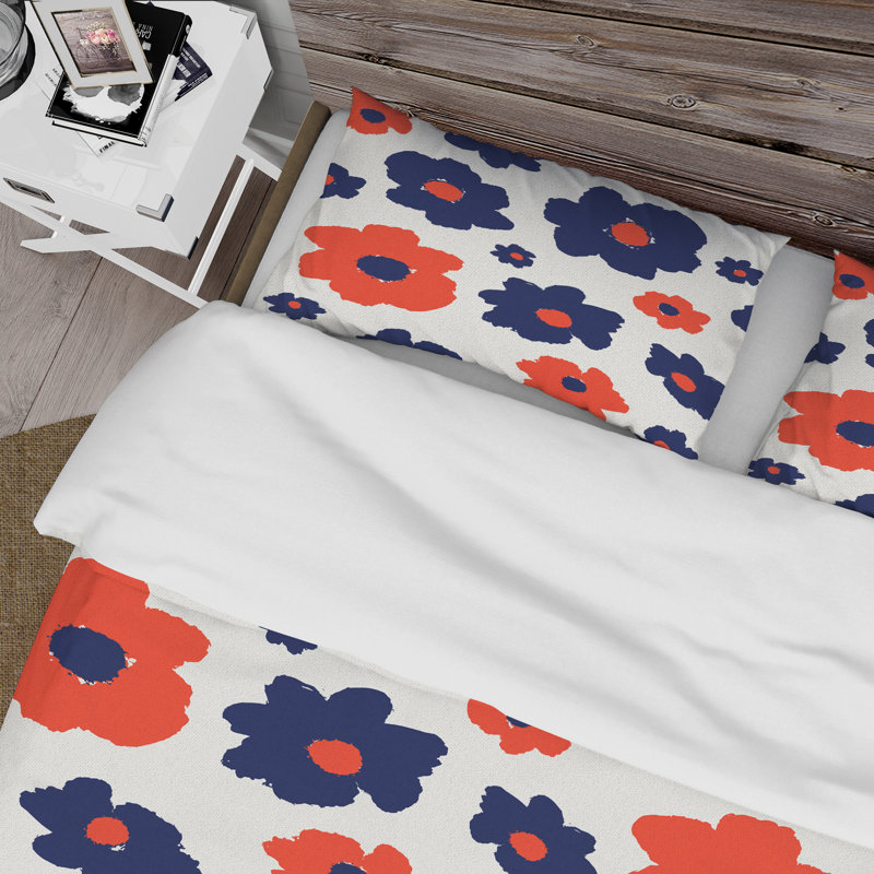 Fleurs orange et bleues rétro - ensemble de housse de couette moderne - microfibre de polyester