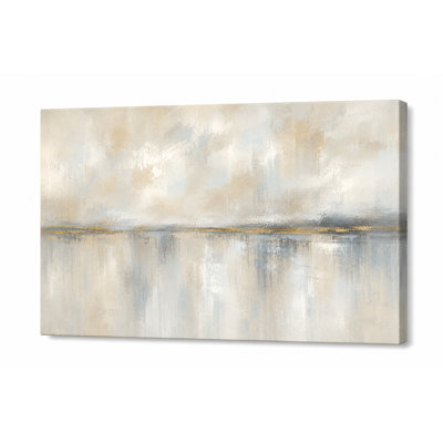 Soft Neutral Abstract Landscape Canvas Wall Art, Beige Gray Reflective Horizon Painting, Modern Wrapped Canvas Decor