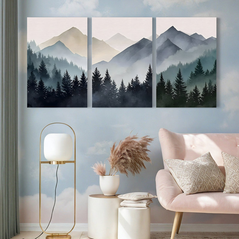 Foggy Mountain Forest, reproduction d'art sur toile tendue sur toile (ensemble de 3), H 18 po x l 36 po