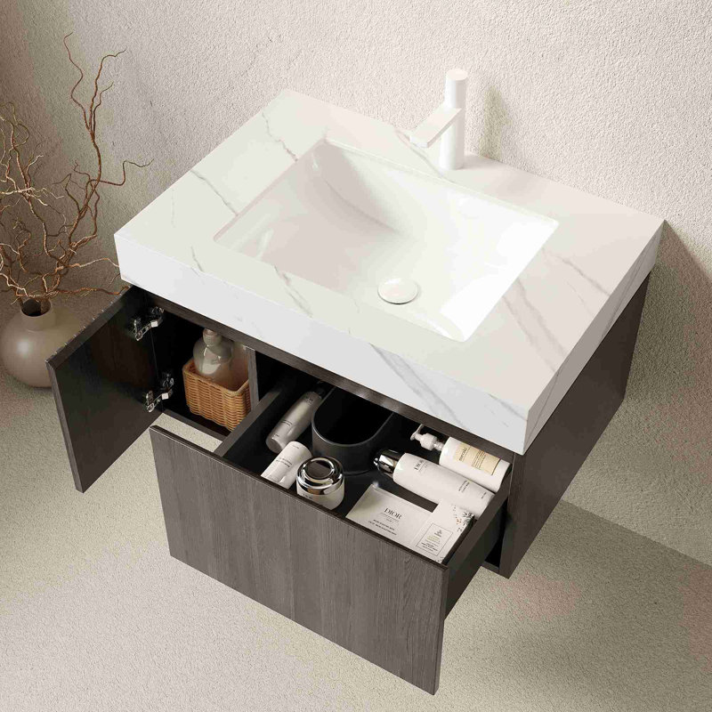 Meuble-lavabo moderne flottant, 30", Espresso, Blanc de Carrare