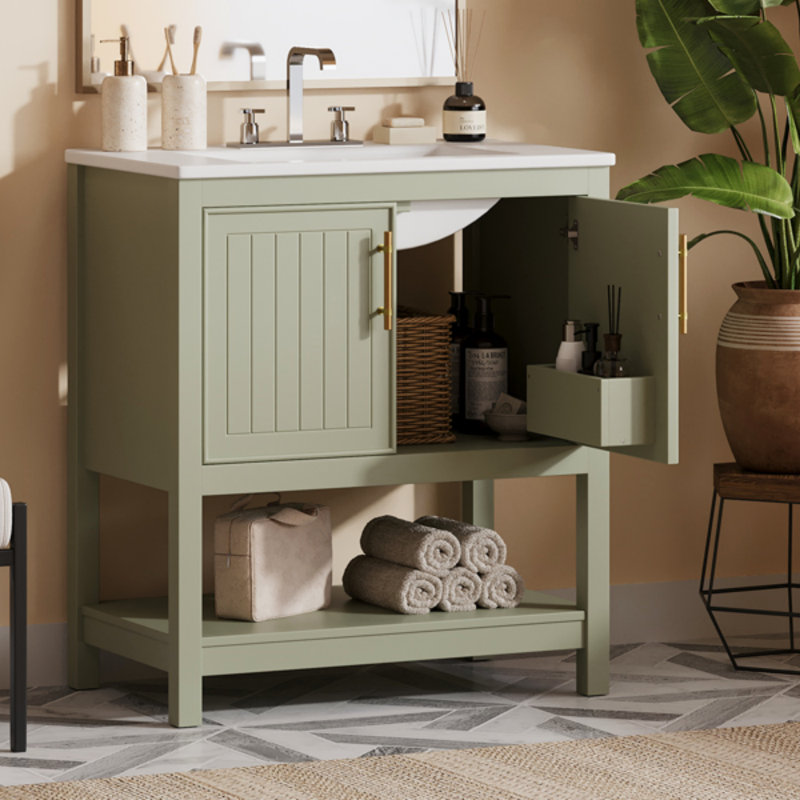 Meuble-lavabo de 30 pouces avec lavabo en céramique et rangement polyvalent, Vert