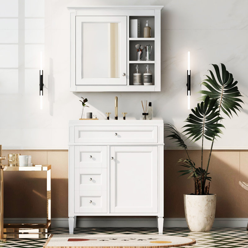 Meuble-lavabo de salle de bain 30 po avec lavabo supérieur en céramique avec tiroir, porte et armoire de rangement, Blanc