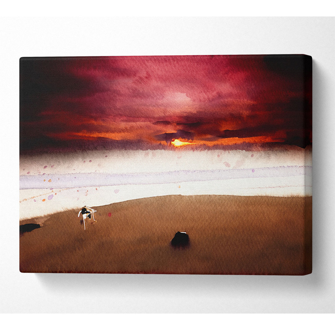 Hund am Sonnenuntergang Strand Leinwand Aquarell