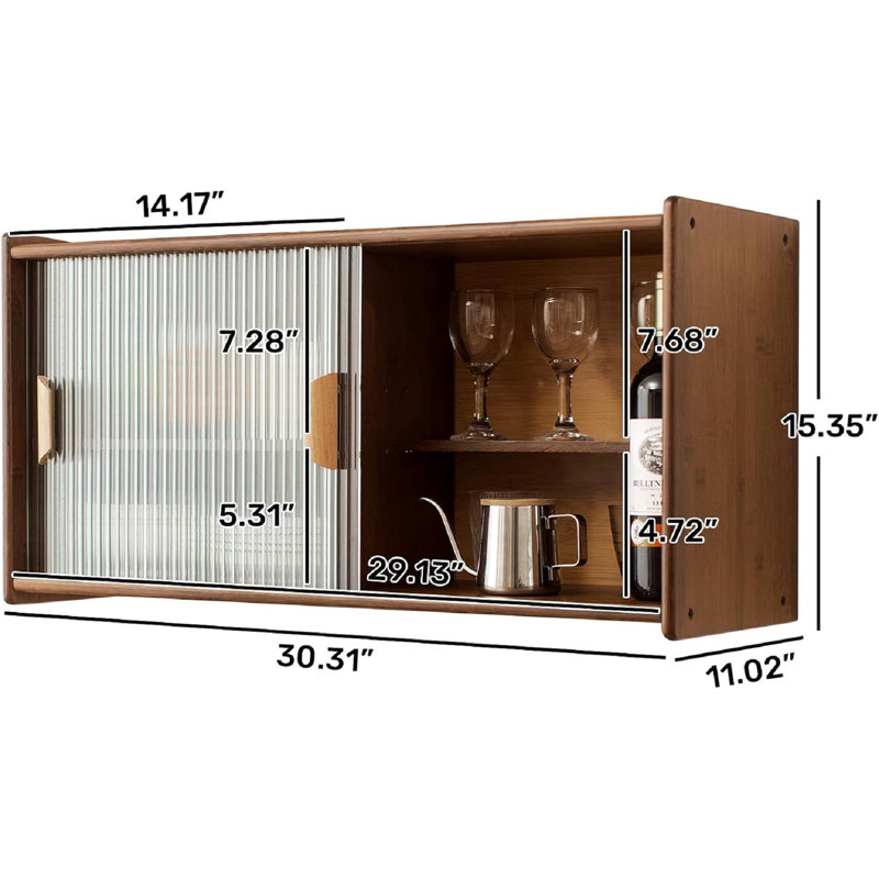 Petit buffet de garde-manger mural en bambou avec 2 portes, armoire de rangement pour bar à vin et à café, armoire de salle à manger console pour bouteille, plat, noyer