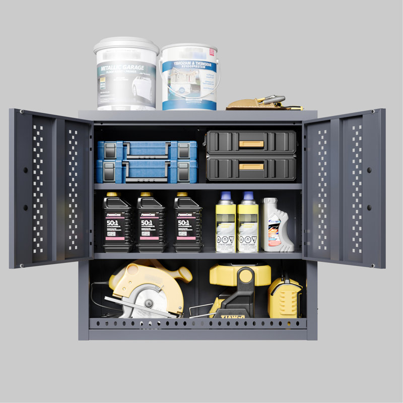 Armoire à outils murale grise grise H 30,43 po, métal avec tablettes amovibles, porte coulissante lisse, armoire de rangement flottante à installation rapide, conception à mouvement de charnière précis