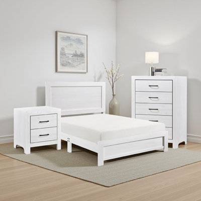 Ko 3 Piece Full Size Bedroom Set, Panel Detailings, Black Metal Handles, by Benjara