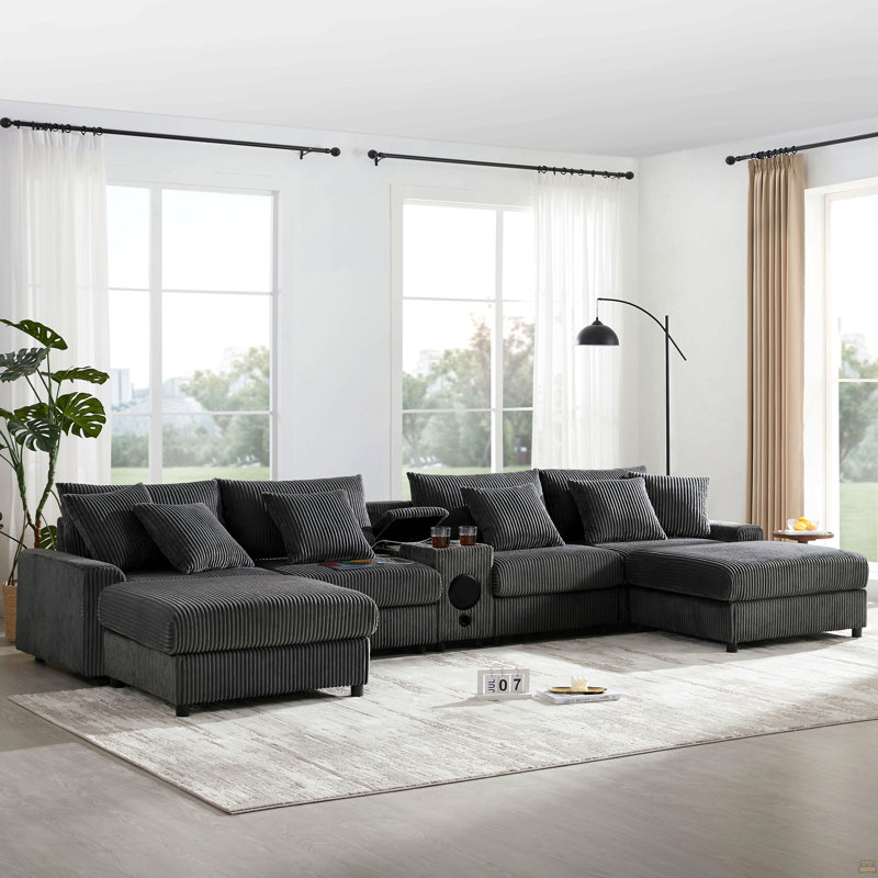 [VIDÉO] Canapé modulaire en velours côtelé de 141,5 x 64 po avec haut-parleurs Bluetooth, canapé en U avec console, chargeur USB, porte-gobelets, rangement, repose-pieds, canapé à sièges profonds et larges pour salon et appartement