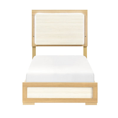 Lit simple contemporain avec tête de lit à panneau en bois naturel et blanc, protégé contre les égratignures