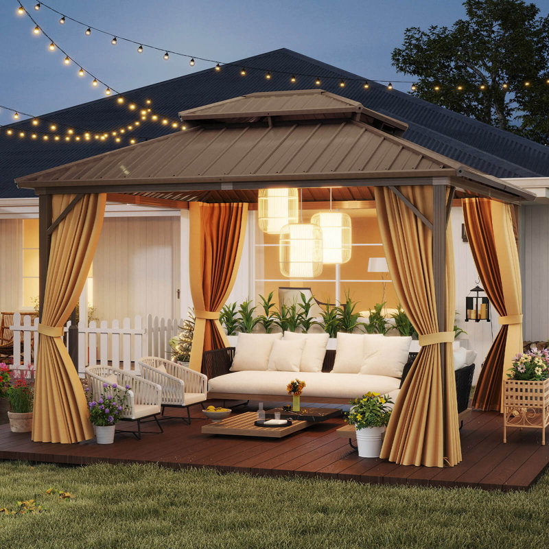 Hardtop Gazebo with  Netting Heavy-Duty Double-Roof Galvanized Metal Top, 111.6" H x 144" W x 144" D