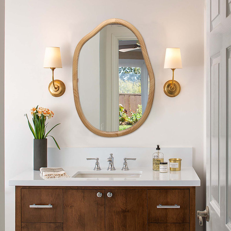 Miroir mural irrégulier en bois, miroir ondulé asymétrique moderne pour décor de salon