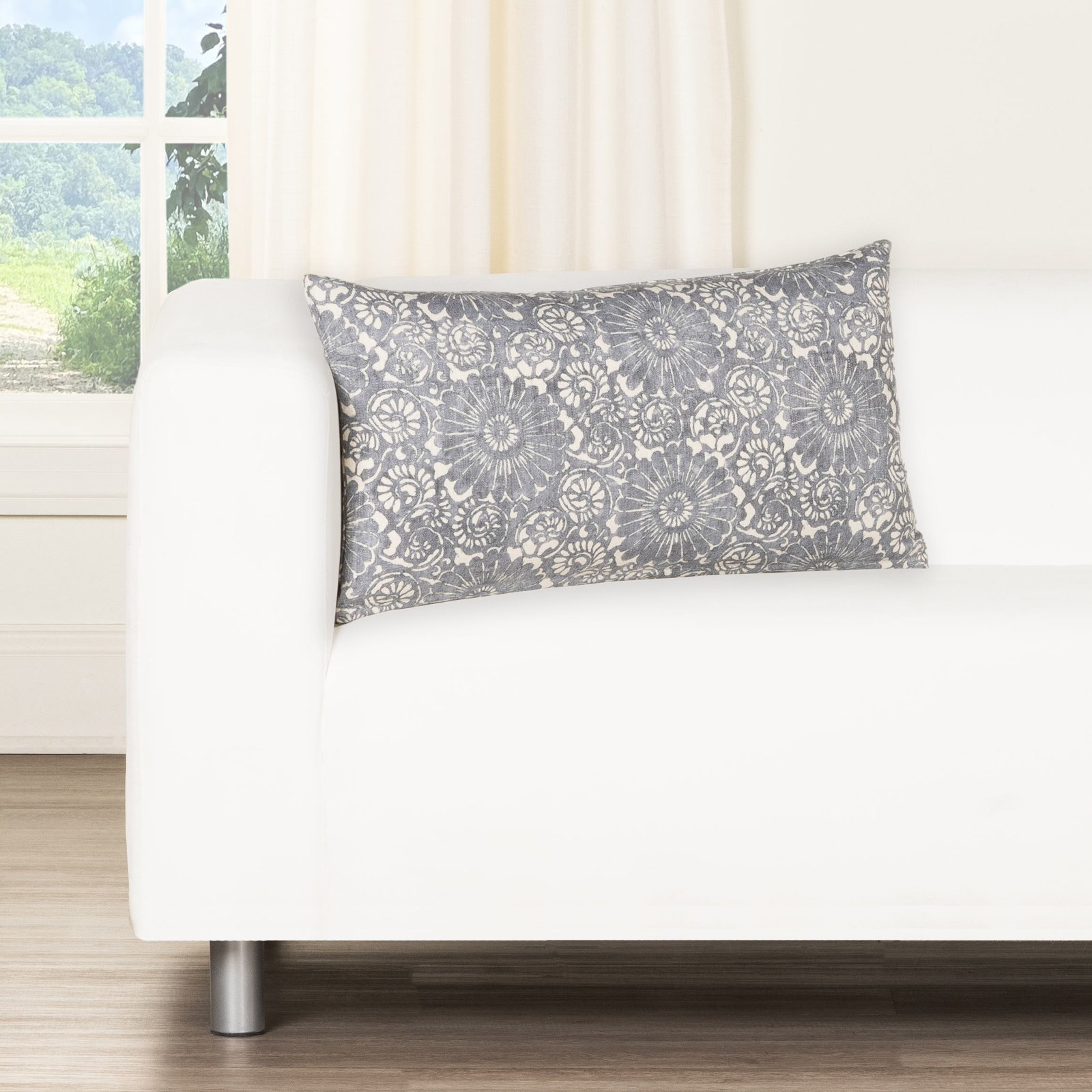 Hansah Throw Pillow, Ink Floral, Rectangle 12"H x 21"W, Feather