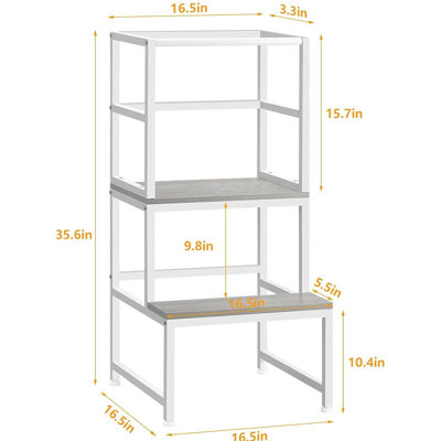 Marchepied, structure en métal blanc à 3 niveaux et tablettes en bois gris, tabouret multi-usages et support pour plante, échelle à marches antidérapante de H 35,6 po pour le salon de la chambre à coucher