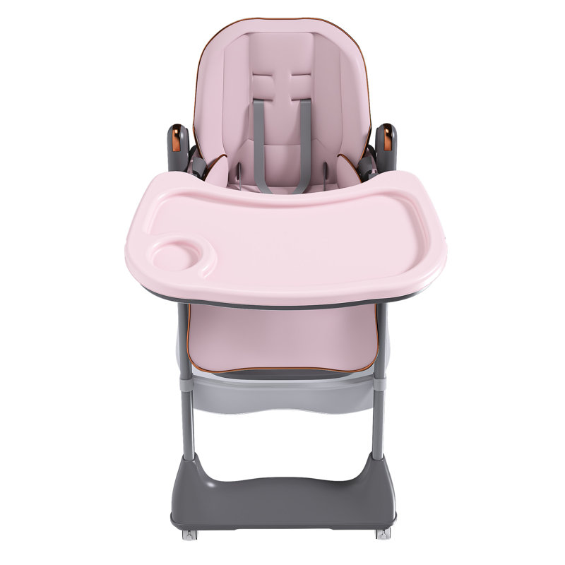 Chaise haute rose réglable de 0 à 6 ans, avec plateau en PP, inclinable à 3 positions, coussin en polyuréthane imperméable et sac de rangement pour repas
