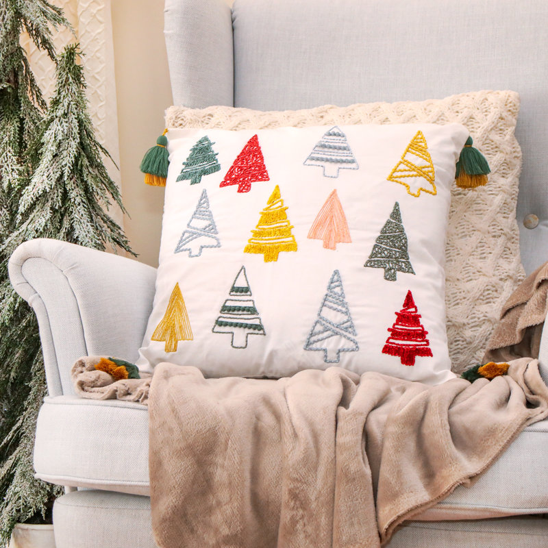 18" White Cotton Embroidered Christmas Tree Pillow with Tassels