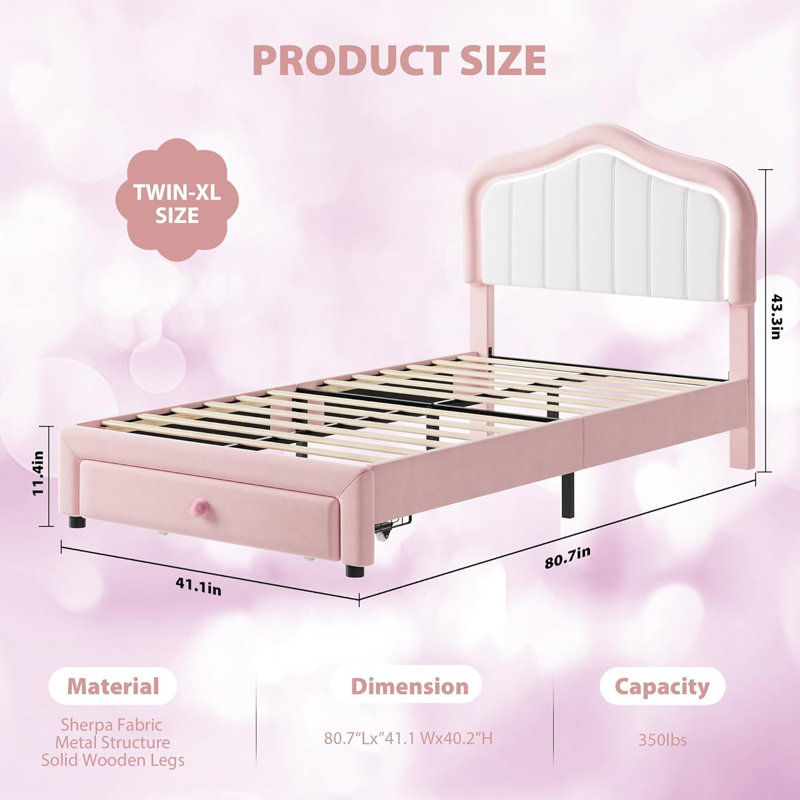 Structure de lit simple tapissier avec tiroir de rangement, lit plateforme pour enfants avec support à lattes en bois, aucun sommier nécessaire, rose et blanc