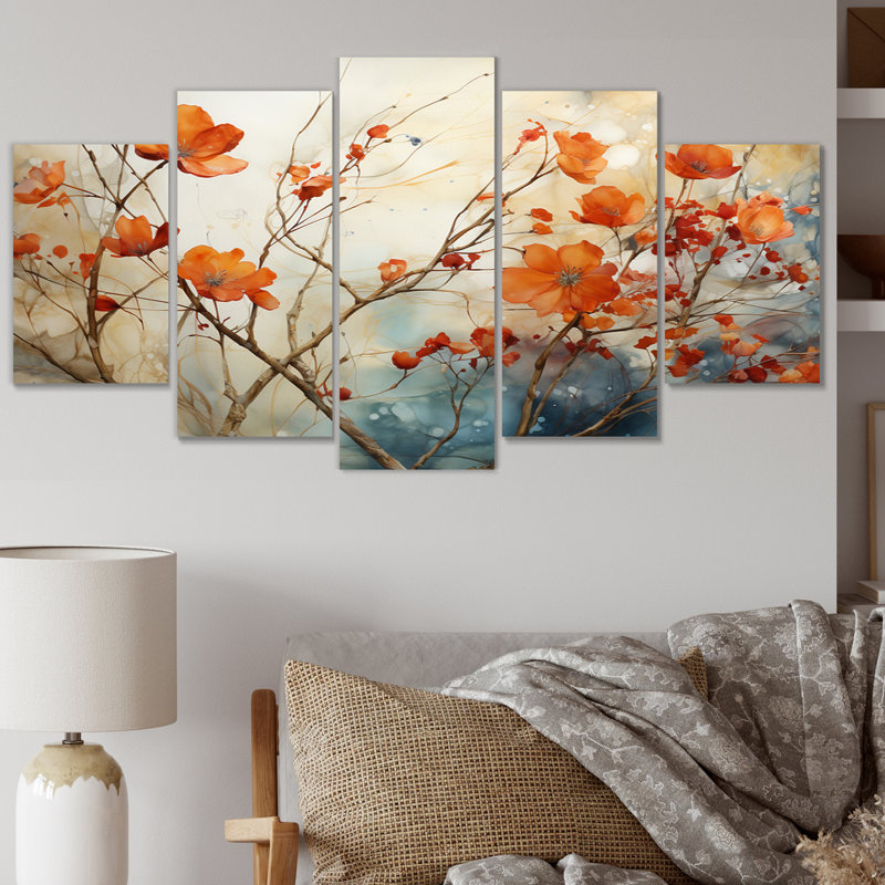 «Maple Trees Glowing Embers II», reproduction sur toile florale, 5 panneaux