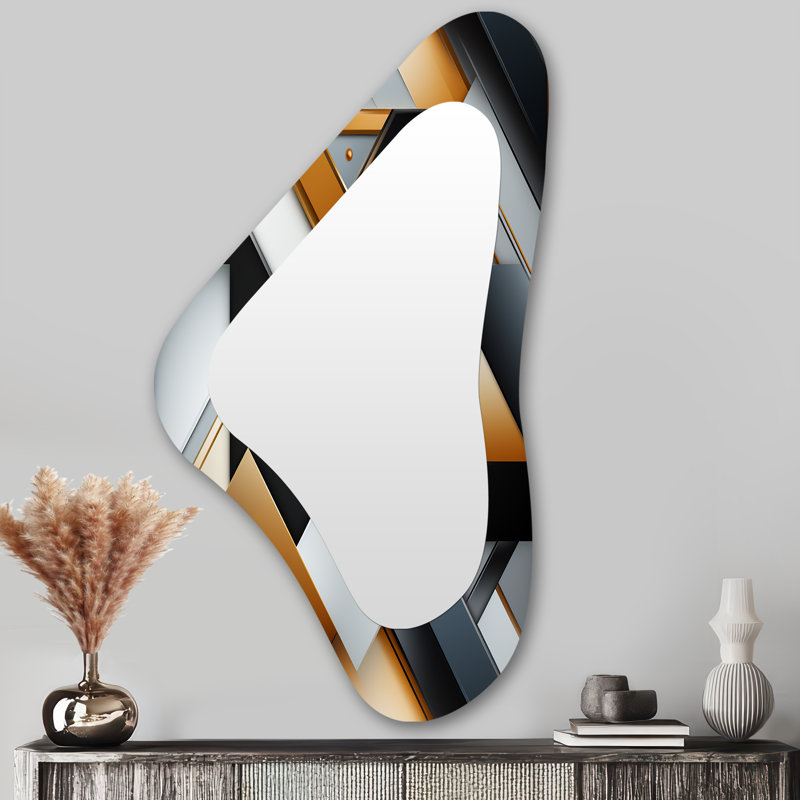 Dimensions de la mosaïque en marbre noir et doré Farlend - grand miroir de forme unique géométrique, décor de miroir mural asymétrique moderne, art imprimé en métal