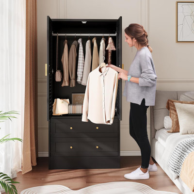 Wardrobe Armoire Closet with 2 Shutter Doors, Hanging Rods and 2 Drawers by Ebern Designs
