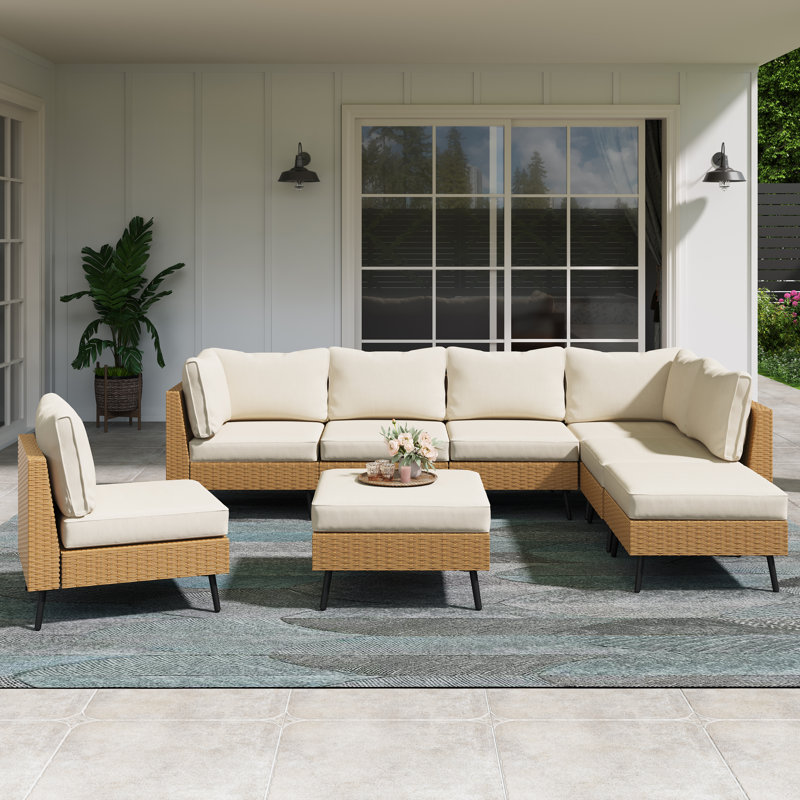 8 Pieces Sectional Seating Group With Cushions, White Cushion/Brown Frame