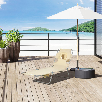 Chaise longue de soleil pour le jardin, la plage, la piscine avec design pliable, le trou pour le visage, les fentes pour les accoudoirs et l'oreiller, le réglage de la plage pliable beige à 5 niveaux, la terrasse coussinée, la piscine,