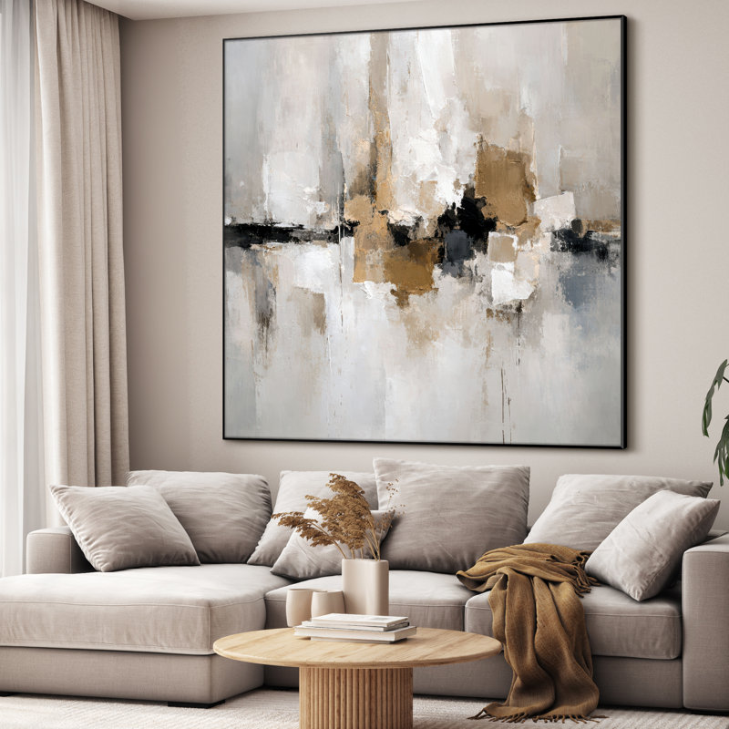 Très grand art mural imprimé sur toile - Horizon neutre abstrait doré, décor de salon contemporain - "Assemblage requis (cadre non fini)"