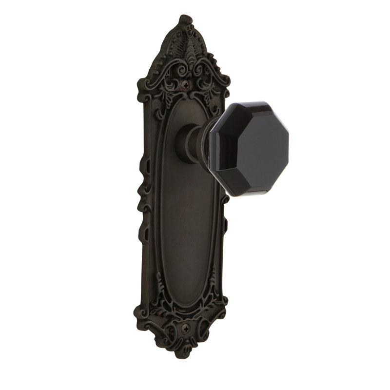 Bouton de porte de mortaise intérieure en cristal noir avec plaque longue victorian Waldorf, 2 1/4 po